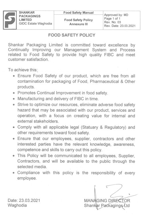 SPL Food Safety Policy Certificate